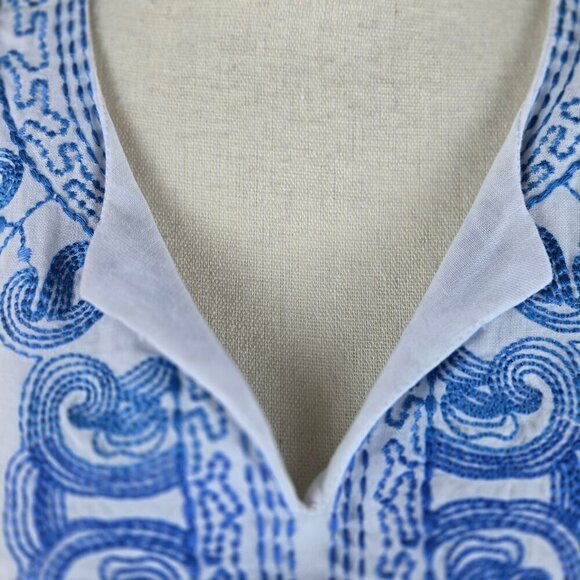 Symple NYC White Linen Tunic Blouse Ombre Blue Embroidery Roll Tab Sleeves - Picture 5 of 15